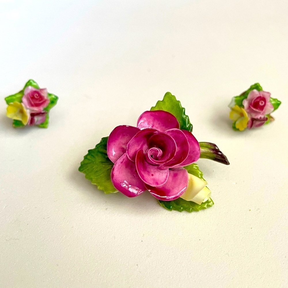 Vintage Cara Ceramic Floral Pink and Green Jewelry Set